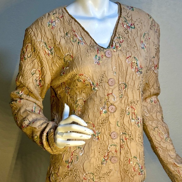 Vintage DB Sport Beaded & Sequin Crinkle Jacket Beige, Embroidered, Sz M - Picture 8 of 16